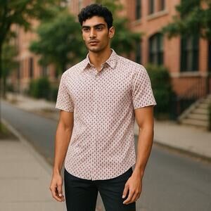 NEW Robert Graham Button Up Short Sleeve Shirt Red, Gold Accents Medium $198